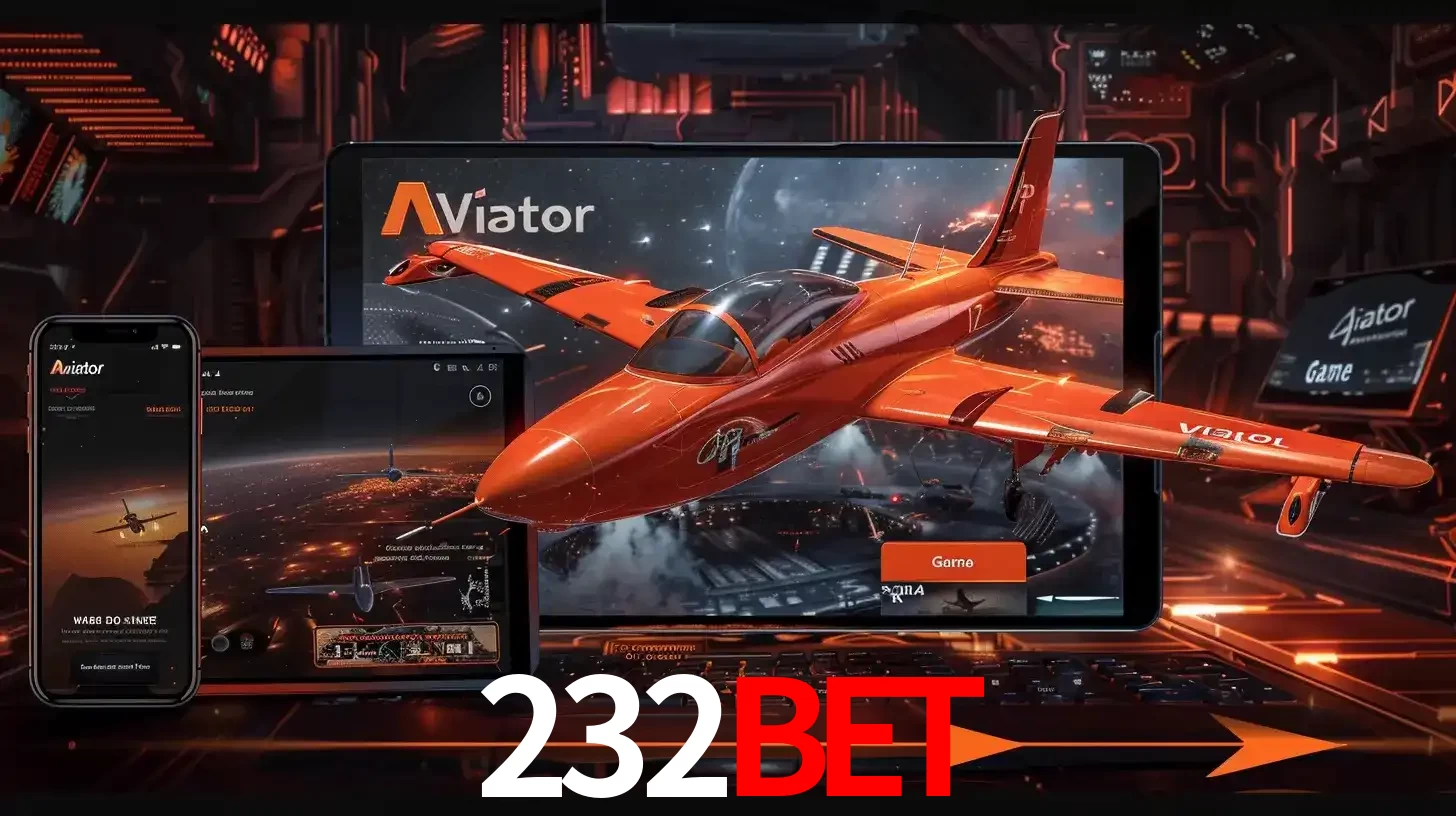 Apresentação tecnológica do jogo Aviator com um avião saindo da tela de um tablet, demonstrando a experiência imersiva em múltiplos dispositivos no 232BET.