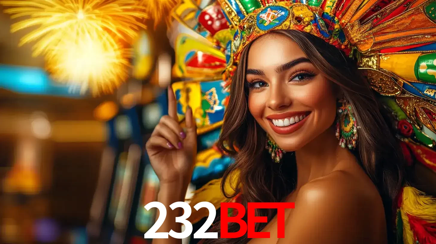 Mulher sorridente com um cocar de carnaval vibrante e colorido, celebrando uma grande vitória nos jogos do cassino 232BET com fogos de artifício ao fundo.
