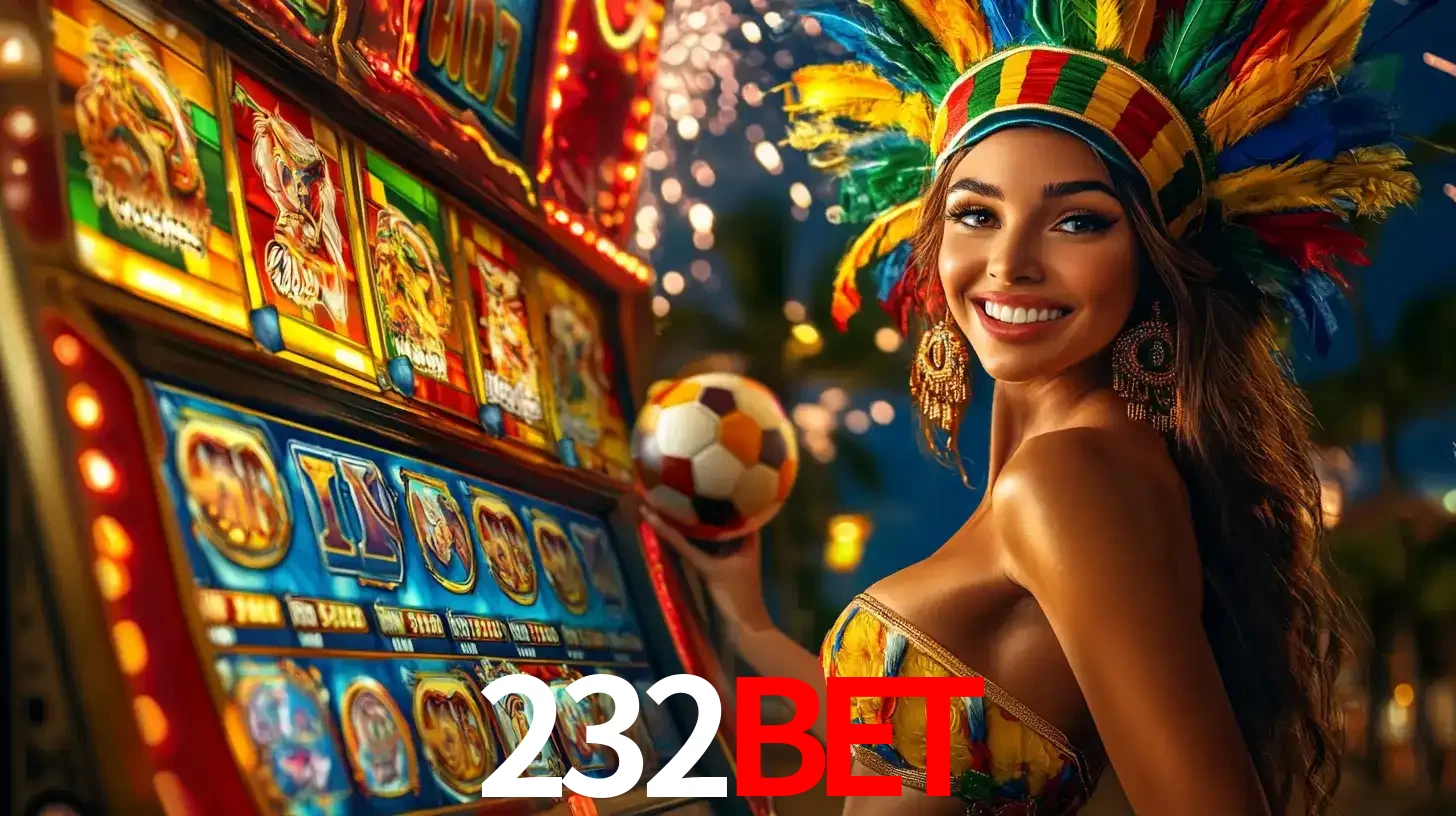 Mulher com um cocar de carnaval ao lado de uma máquina de caça-níqueis enquanto segura uma bola de futebol, mostrando a união da diversão de cassino e esportes no 232BET.