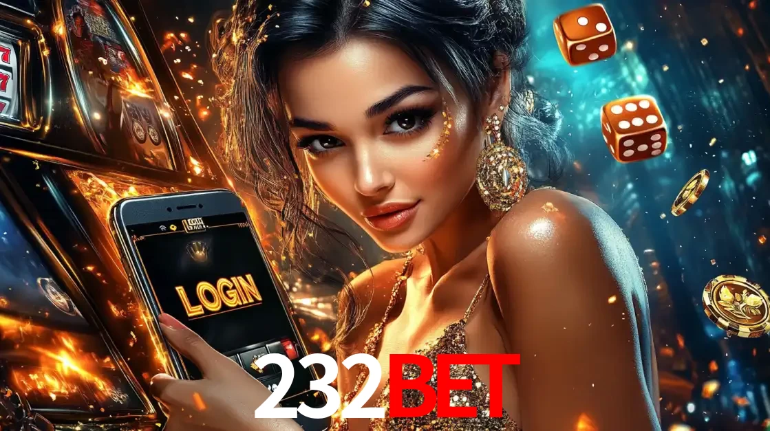 Mulher glamourosa segurando um celular com a tela de login do cassino 232BET, rodeada por dados e moedas douradas, pronta para começar a diversão.
