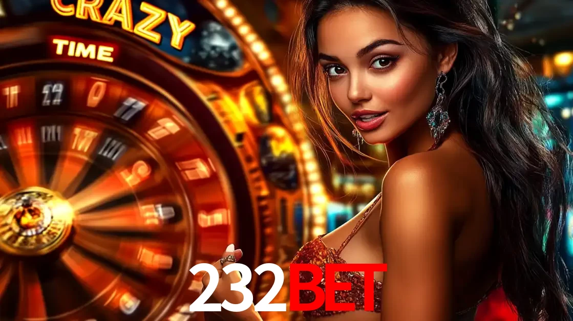 Mulher ao lado da roda de prêmios do jogo de cassino ao vivo Crazy Time, um dos shows de jogos mais emocionantes oferecidos pela plataforma de apostas 232BET.
