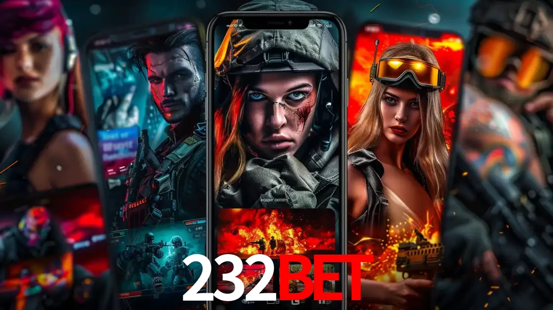 Montagem de telas de celular mostrando diversos personagens, masculinos e femininos, de um jogo de tiro, ilustrando a diversidade de equipes de e-sports para apostar no 232BET.