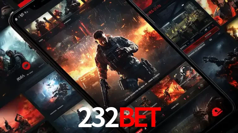 Tela de um celular exibindo uma galeria de jogos de tiro com temática militar, mostrando a variedade de e-sports disponíveis para apostas na plataforma de entretenimento 232BET.