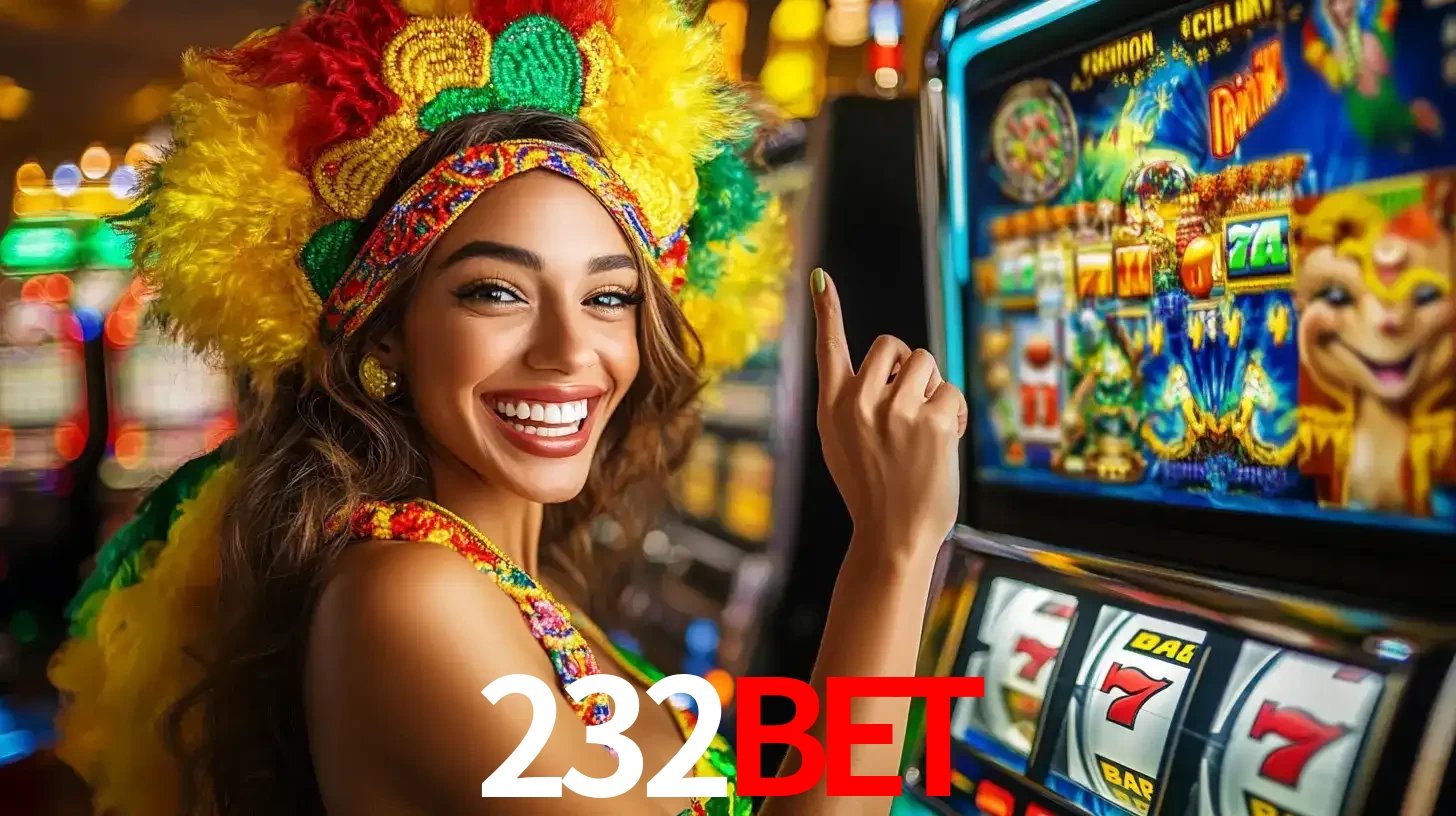 Mulher animada com um cocar de carnaval apontando para uma máquina de caça-níqueis, mostrando a emoção de ganhar um grande prêmio nos jogos do 232BET.