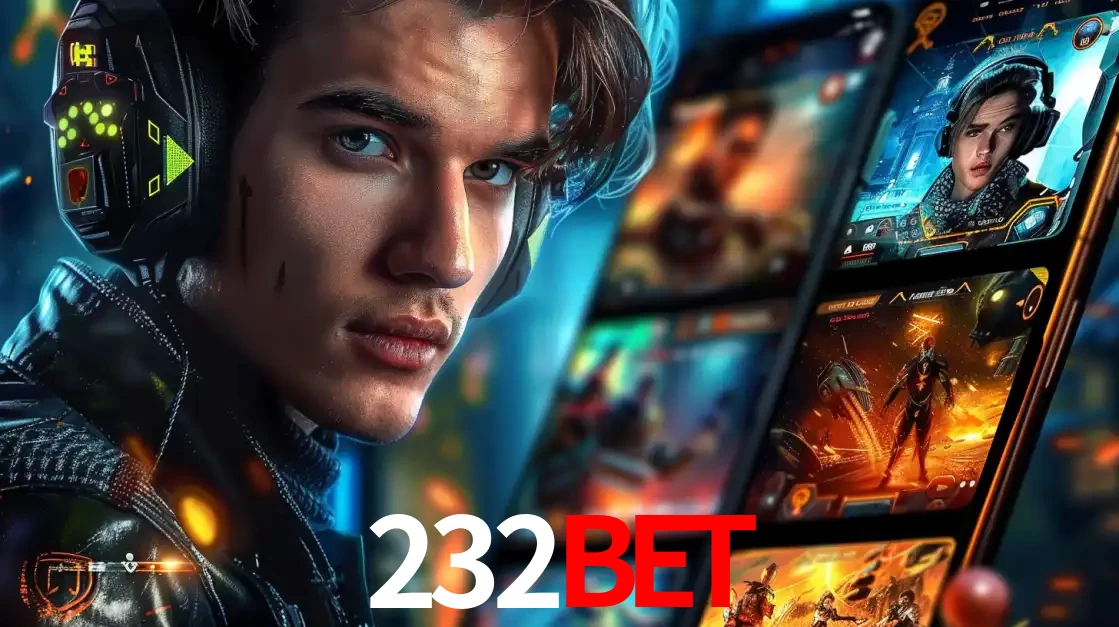 Jovem jogador com fones de ouvido olhando para a câmera, com um aplicativo de jogos e e-sports para celular ao fundo, pronto para a competição e apostas no 232BET.