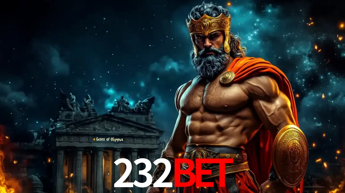 O poderoso Zeus do jogo de slot Gates of Olympus em frente ao seu templo, pronto para lançar multiplicadores divinos e prêmios épicos no cassino online 232BET.