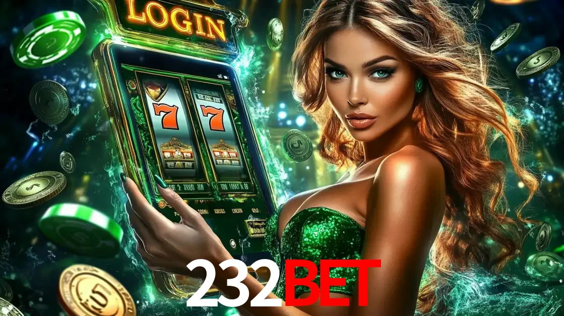 Mulher com tema verde apresentando o aplicativo do cassino 232BET com um jogo de slot de 777, cercada por fichas de cassino e uma aura de sorte.