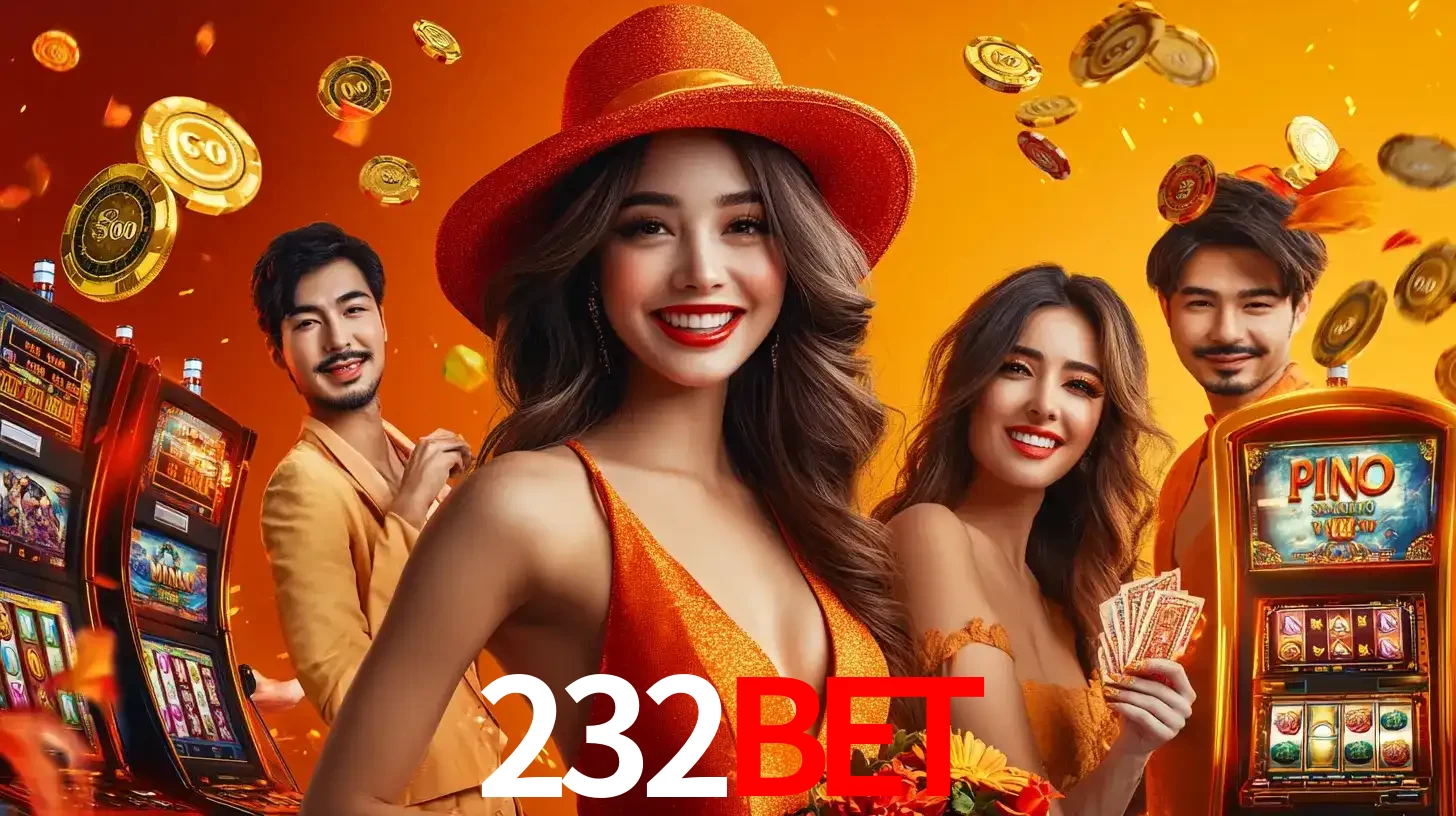 Grupo de amigos asiáticos sorrindo e se divertindo com máquinas de caça-níqueis em um ambiente festivo, celebrando suas vitórias nos jogos de cassino do 232BET.