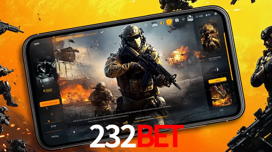 Um smartphone exibindo a interface de um jogo de tiro em primeira pessoa, com um soldado em um cenário de batalha, representando a ação dos e-sports para apostar no 232BET.