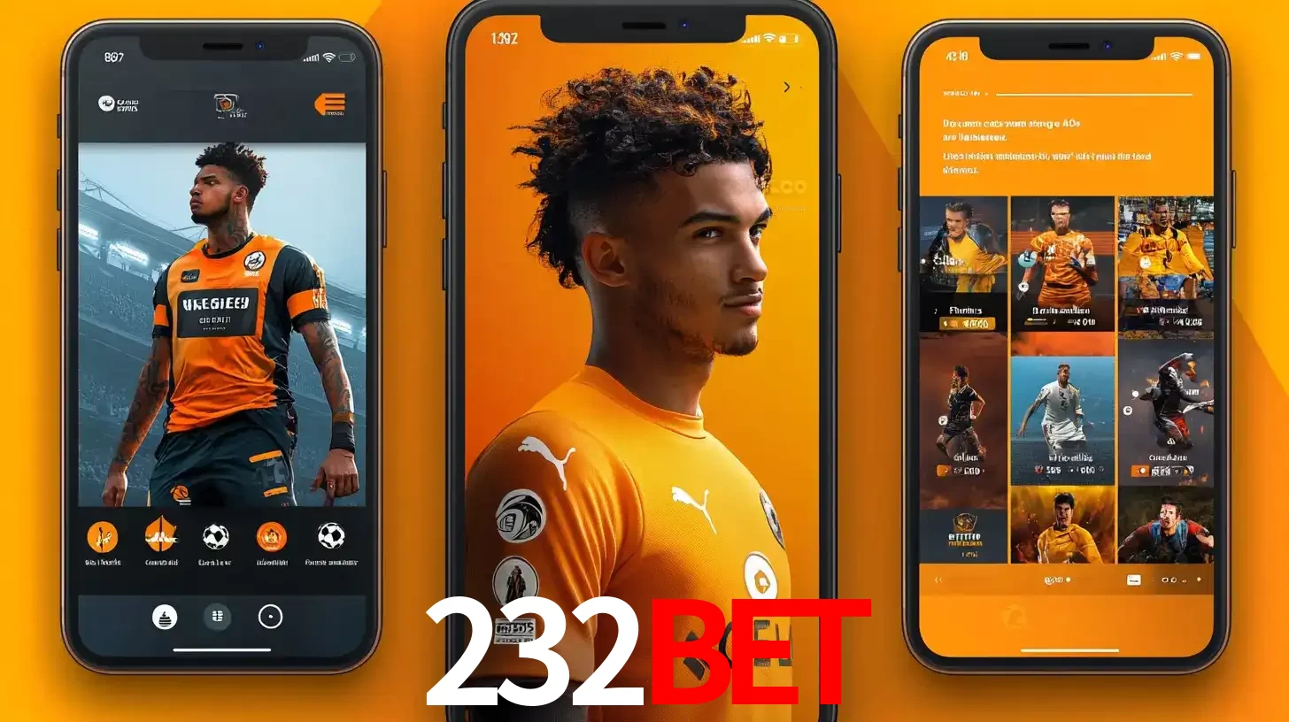 Interface do aplicativo de apostas esportivas 232BET em três telas de celular, mostrando o perfil de um jogador de futebol e a lista de jogos disponíveis para apostar.