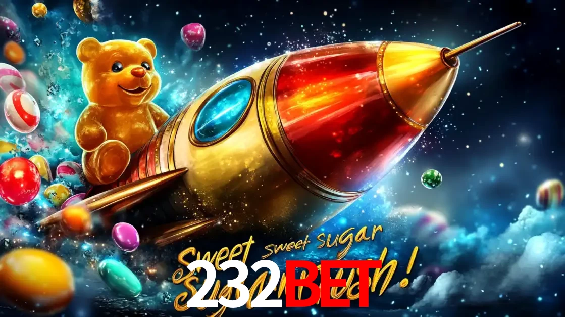 Arte promocional do jogo de slot Sugar Rush, com um urso de pelúcia em um foguete viajando pelo espaço de doces, um dos jogos divertidos disponíveis no cassino 232BET.