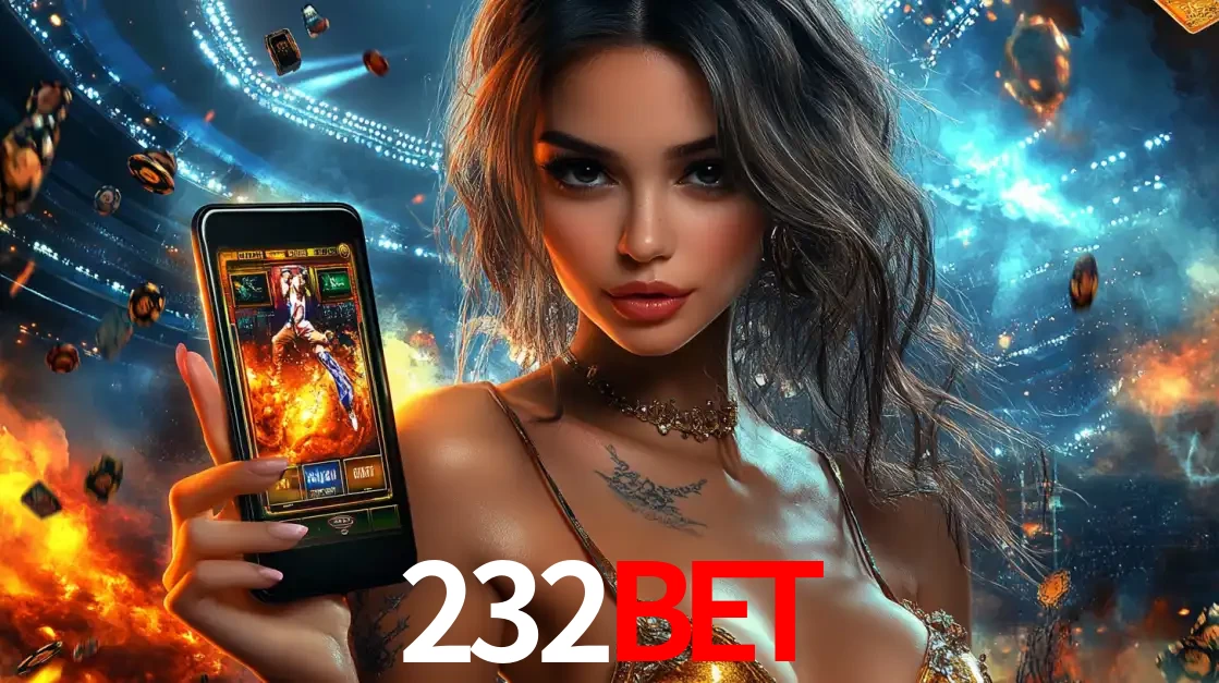 Mulher segurando um celular com um jogo de slot em destaque, tendo como fundo um estádio vibrante, simbolizando a emoção de jogar no cassino móvel 232BET.