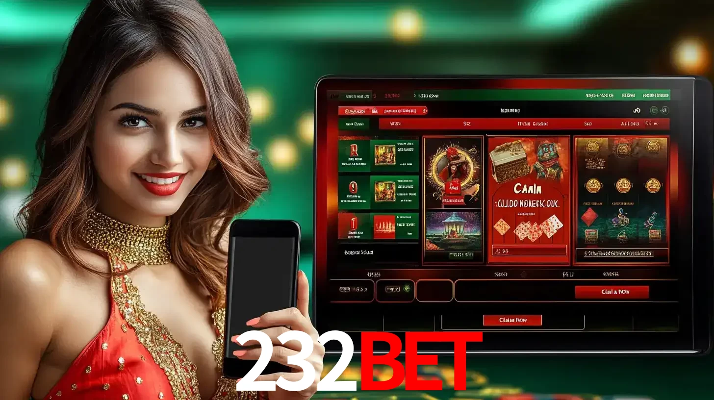 Mulher sorridente segurando um smartphone, ao lado de uma tela exibindo o lobby de jogos do cassino online 232BET, com várias opções de jogos de cartas e slots.
